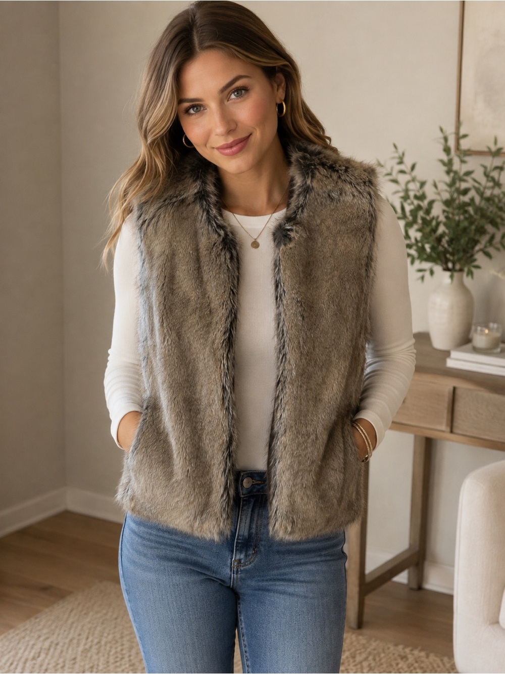 glam Faux Fur Vest in Brown Taupe